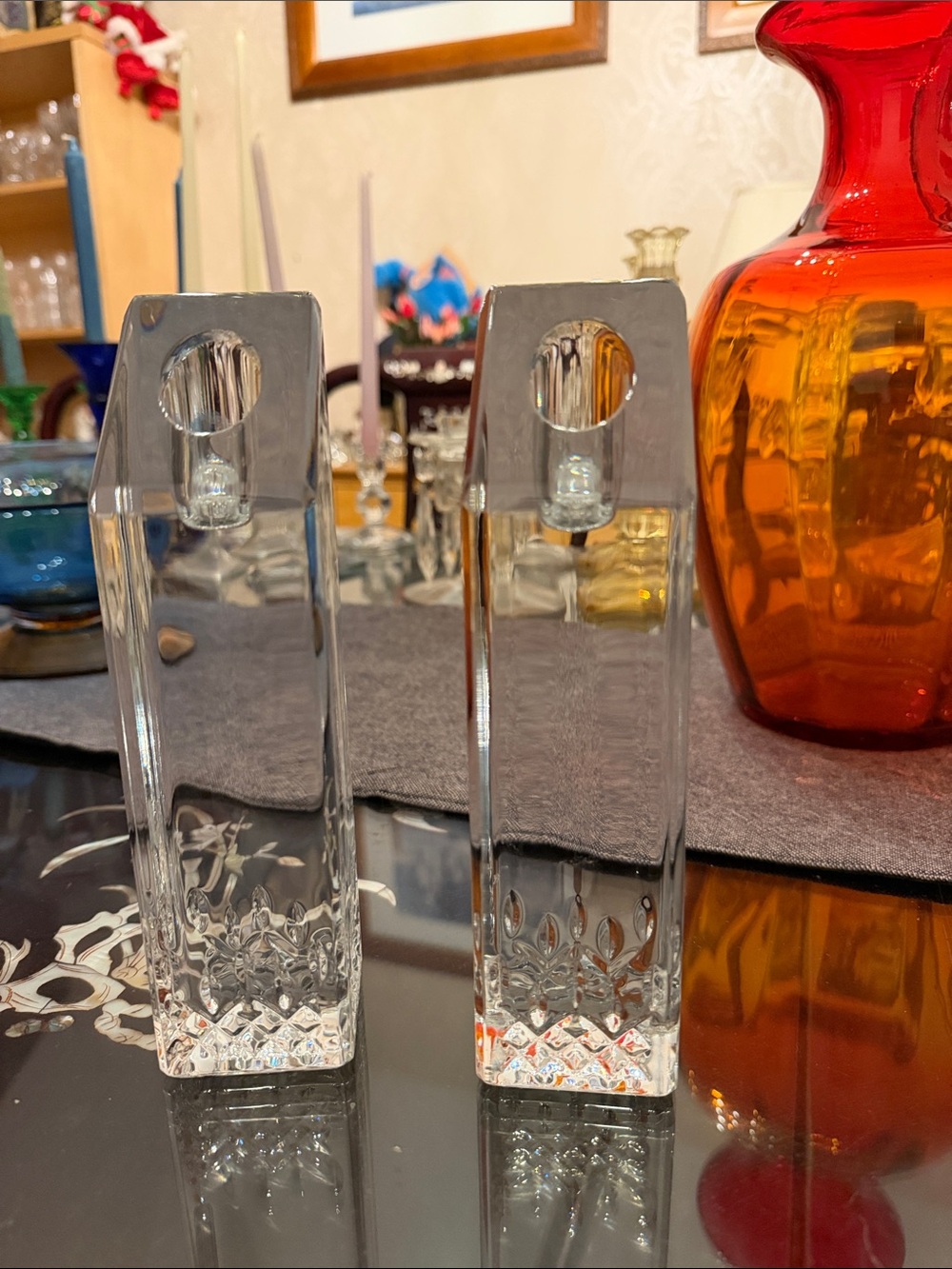 Pair Waterford crystal Lismore Essence candle holder 8” tall both stamped